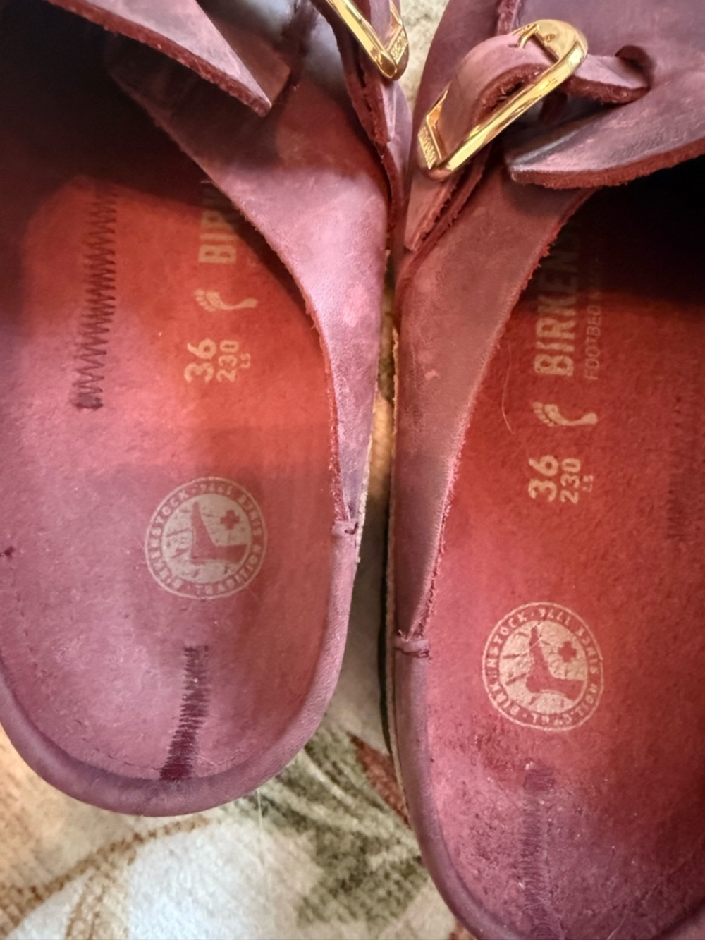 Birkenstock Burgundy Leather Slip-On Loafers with Gold Buckles - Picture 2 of 6